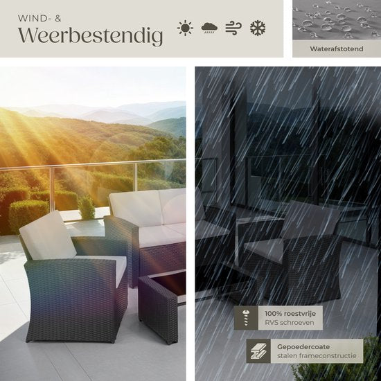 tectake® Wicker Tuinset voor 4 Personen - 2-zits Tuinbank en 2 Tuinstoelen - Tafel met Afneembaar Glazen Blad - Comfortabele Zit- en Rugkussens - Loungeset voor Tuin, Terras, Balkon - Zwart