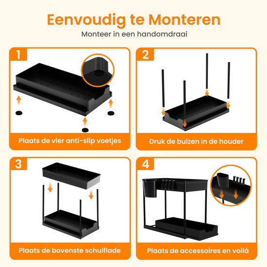 Posity Gootsteenkast Organizer - Keukenkastje Organizer - Schuiflade - Kast Organizer - Badkamer Organizer - Aanrecht Organiser - 1 Uitschuifbare Lade - Zwart
