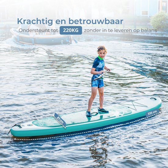 Supper Sup Board XL - Max. 220KG - Opblaasbaar – Paddle Board – Waterdicht Telefoonhoesje – Pomp – Vin – Leash – Draagtas – 335 x 81 cm - Turqoise