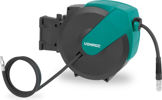 VONROC PRO Automatische Luchtslanghaspel – Luchthaspel – Incl. 15 meter luchtslang, 1 meter aanvoerslang en wandmontageset – 17 bar/250 PSI - Universele EURO/DIN 7.2mm koppeling