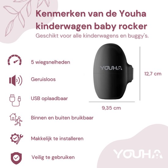 Youha Baby Rocker – Automatisch je kinderwagen of buggy wiegen - Handen vrij van het wiegen - Rocker voor kinderwagen - Slaaphulp baby - 5 wiegstanden - Inclusief opbergtasje & oplaadkabel - kleur: zwart
