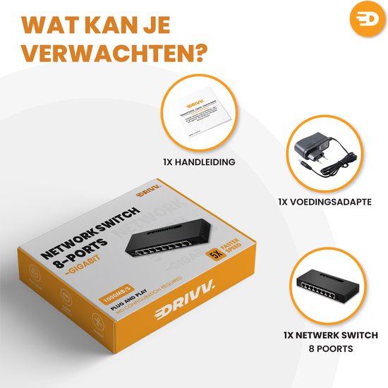 Drivv. Netwerk Switch - 8 Poorten - Internet Switch - RJ45 splitter - zwart