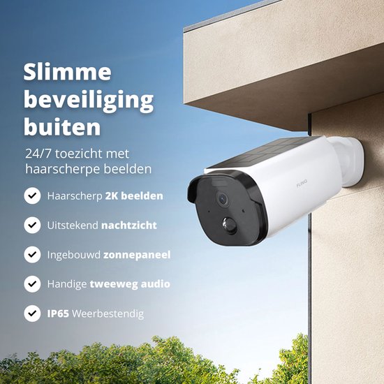 FlinQ Slimme Beveiligingscamera Sentinel - Oplaadbaar via USB & Zonne Energie - Buiten camera met zonnepaneel - Bewakingscamera voor buiten - 2K HD - Nachtzicht