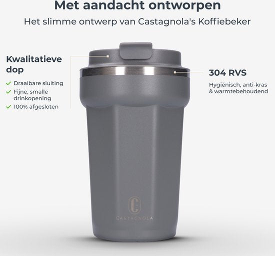 Castagnola Thermosbeker - Koffiebeker To Go - Travel Mug voor Koffie en Thee - Theebeker - 380 ML - RVS - Grijs - Octagon