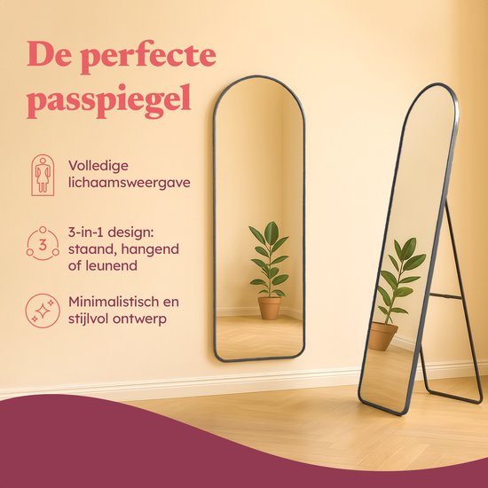 Fraay Passpiegel 160x55cm - Staand & Hangend - Minimalistische Wandspiegel - Staande Spiegel - Zwart Mat