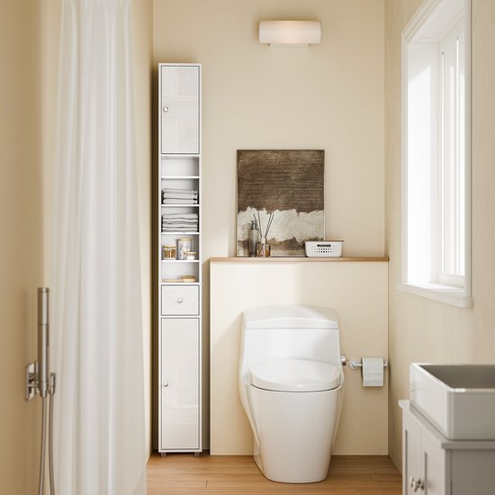 SoBuy BZR167-GW Hoge Badkamerkast - Pearl White Houtcomposiet met Lade