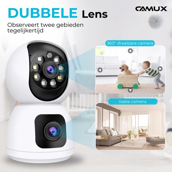Camux DualVision Beveiligingscamera Binnen - 2MP Full HD Camera met Nachtzicht - Babyfoon - Baby monitor - Huisdiercamera met app - Hondencamera - Petcam