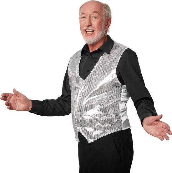 dressforfun - Paillettenvest heren zilver XXL - verkleedkleding kostuum halloween verkleden feestkleding carnavalskleding carnaval feestkledij partykleding - 303970