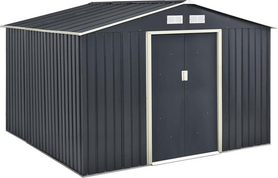 Juskys XXL Metalen Tuinhuis – 282 x 314 x 190 cm – Fundamentframe - Dubbele Schuifdeur – Voor Tuingereedschap En Fietsen – Antraciet Verzinkt Staal