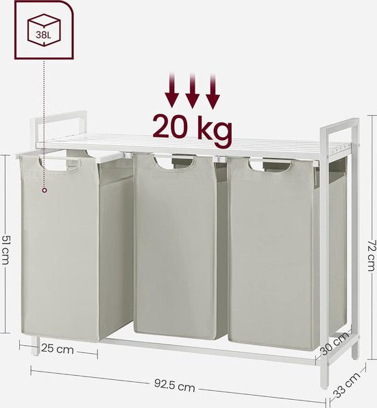 VASAGLE - Wasmand, mand voor vuile was, met 3 vakken en 3 verwijderbare zakken van Oxford-stof, werkblad, metalen frame - 3 x 38 liter, 92,5 x 33 x 72 cm, wit BLH301W01