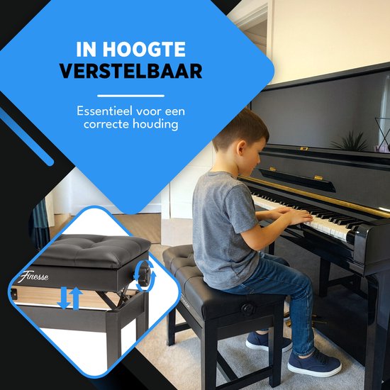 Finesse Premium Pianobank - Hoogte Verstelbaar - met Opbergruimte - Zacht Kussen - Pianokruk - Pianostoel - Zwart