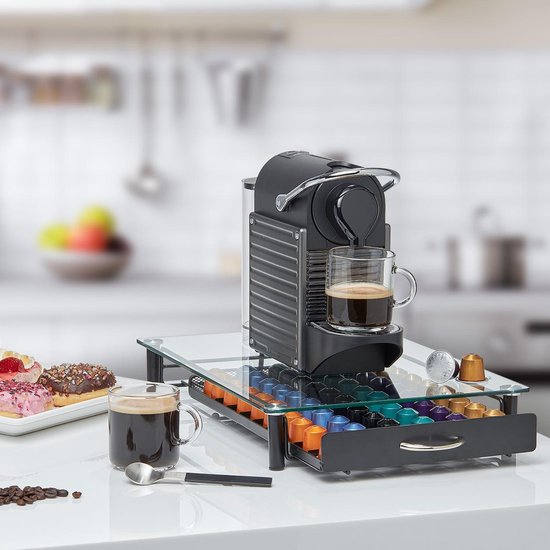 KitchenBrothers Capsulehouder - met Lade - Nespresso - 60 Cups - Glas - RVS/Zwart