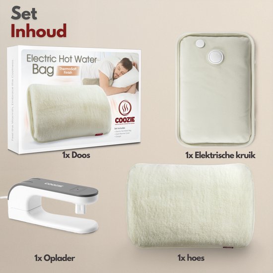 Coozie Elektrische Kruik – 1L – met ThermoSoft Hoes van Pluche – Verwarmende Zachte Warmwaterkruik – Warmtekruik – Beige