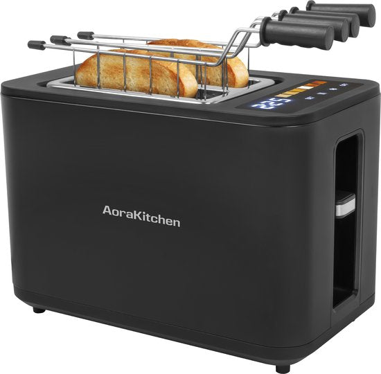 AoraKitchen Broodrooster met Tostiklemmen - 900W - 6 Warmteniveaus - Led Scherm - Toaster - met Timerfuncties - Tosti Apparaat - Zwart