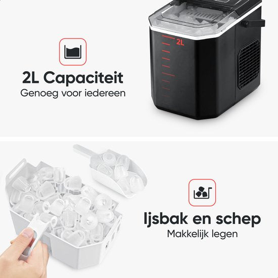 Kitchenwell IJsblokjesmachine – 1.3L - IJsblokjesmaker met IJsschep – 12kg/24 uur – Zelfreinigingsfunctie - Draagbaar - Zwart