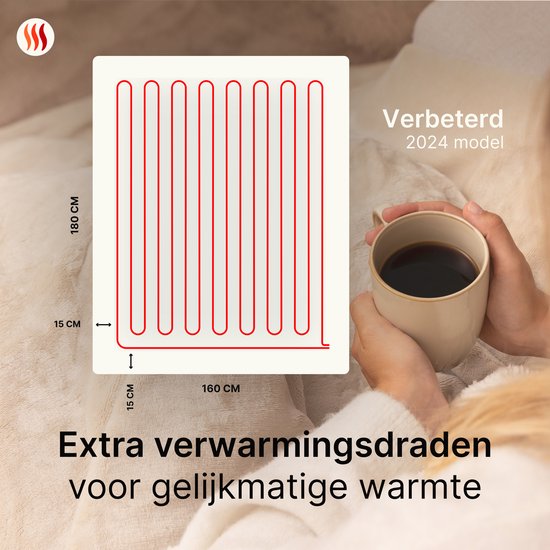 Seranova Elektrische Deken XXL - Extra Warmtedraden - Premium Model - 180x160 cm - 2 persoons Warmtedeken - Dubbelzijdig Fleece Sherpa - Crème beige