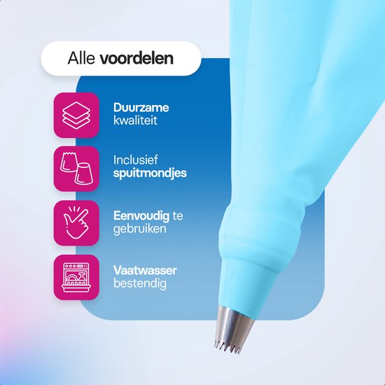 Spuitzak met spuitmondjes | Herbruikbaar | 24 spuitmondjes | blauw