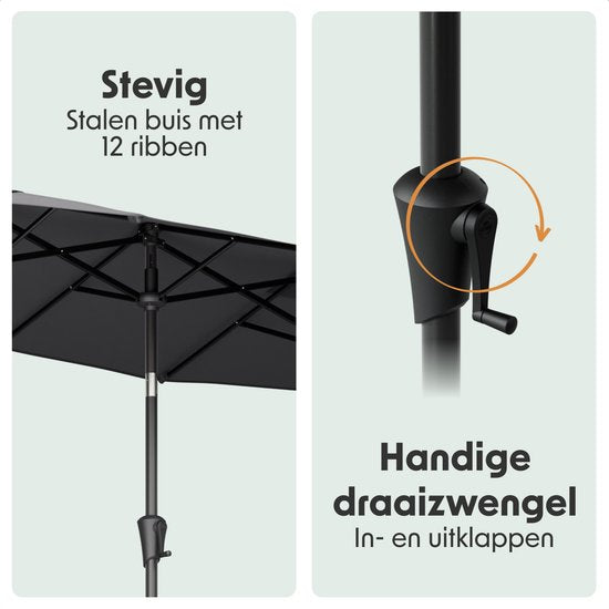 LifeGoods Dubbele Parasol - Tuin - 160x300cm - tot 8 Personen - Waterdicht - UPF50+ - Donkergrijs