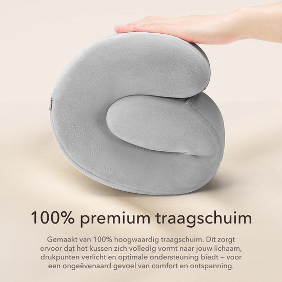 SC Travel Essentials - Nekkussen Set 3-delig - Ergonomisch Memory Foam Reiskussen met Oogmasker en Oordoppen - Ideaal voor Vliegtuig, Auto en Trein - Compact en Luxe - Lichtgrijs