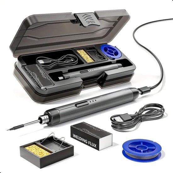 Tech Essentials Draadloze Soldeerbout - 8W - USB-C - Met Tin - Kit - Fijnsoldeerwerk - Pen - Accu - Soldeerset - Solder - Grijs