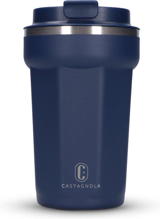 Castagnola Thermosbeker - Koffiebeker To Go - Travel Mug voor Koffie en Thee - Theebeker - 380 ML - RVS - Donkerblauw - Octagon