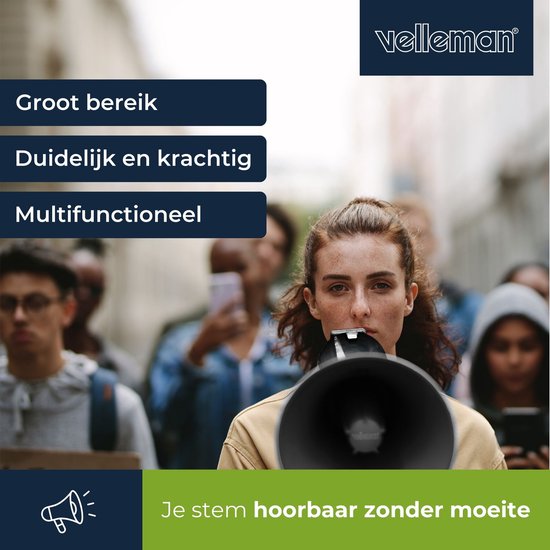 Velleman Krachtige 50 W megafoon met ingebouwde sirene, opname van 700 seconden, volumeregeling, Bluetooth, handmicrofoon en usb-aansluiting, bereik: max. 1200 m, mat zwart