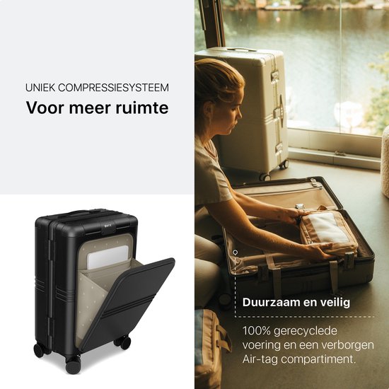 ONYX Hybrid Pro Handbagage Koffer met Voorvak 38 Liter - Gerecycled Polycarbonaat en Ritsloos Design - Reiskoffer met TSA slot en Spinner wielen - Lichtgewicht Trolley met Laptopvak - Onyx Black