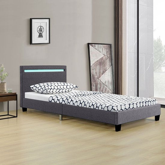 Gestoffeerd Bed Verona - 90 x 200 cm - Grijs - LED Verlichting