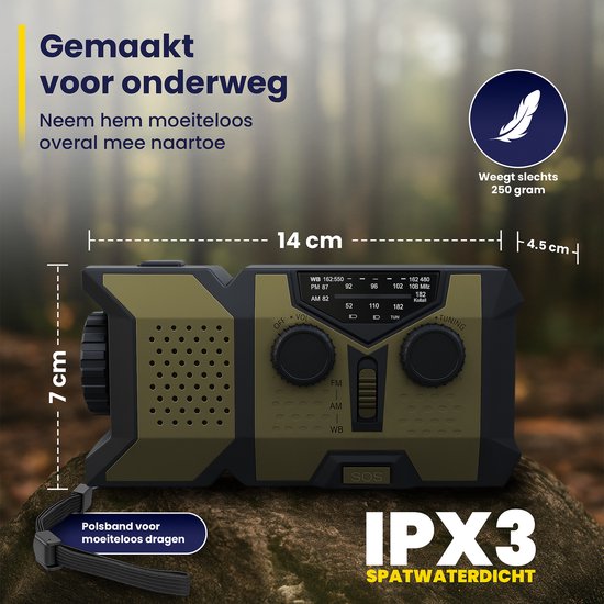 ODESSEY Noodradio Solar Opwindbaar - 2000 mAh Powerbank - Zaklamp - Draagbare Radio - Noodpakket