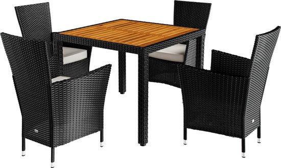 Casaria Tuinset - Tafel Acacia Polyrattan 150x90cm 4 Stoelen - Zwart