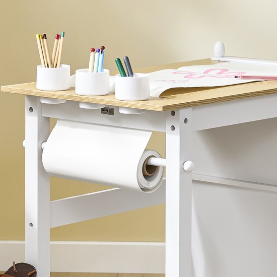 SoBuy KMB60-WN Kindertafel met Stoel, 2-delige set, tafel en stoel voor kinderen, bureau met 2 planken, papierhouders en opbergvakken, wit/Natuurel, 80 x 50 x 66 cm