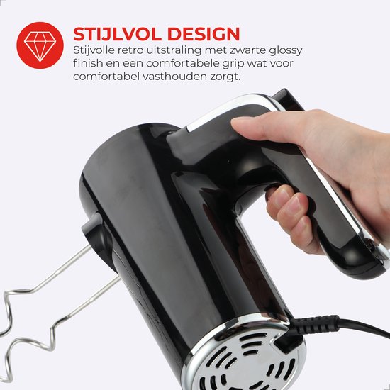 Bourgini Retro Handmixer - 5 snelheden en turbofunctie - RVS deeghaken en gardes - Zwart