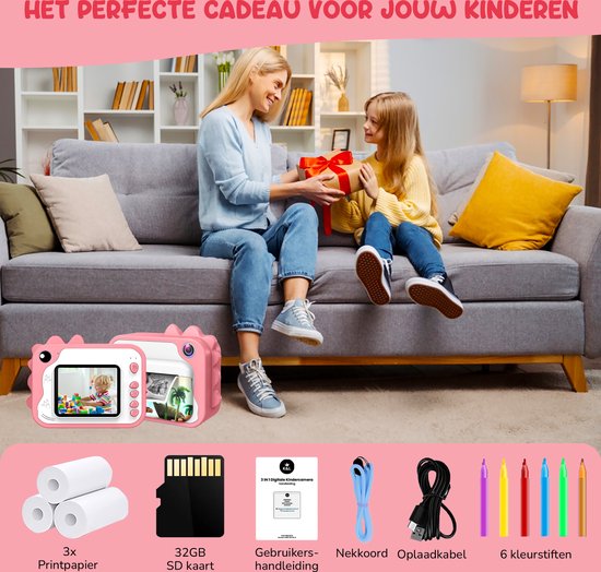 K&L® 3 IN 1 Digitale Kindercamera + Instant print + speelcamera - 32GB micro sd kaart - camera kinderen - Vlogcamera met games - Fototoestel voor Kinderen - Klein Formaat Speelgoed - Met videofunctie - Roze