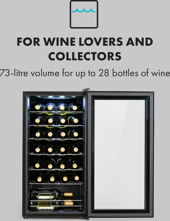 Klarstein Shiraz 28 Uno Wijnkoelkast - 74 Liter - Geschikt Voor 28 Flessen - Met Touch Bediening - Temperatuurbereik 5-18°C - Zwart