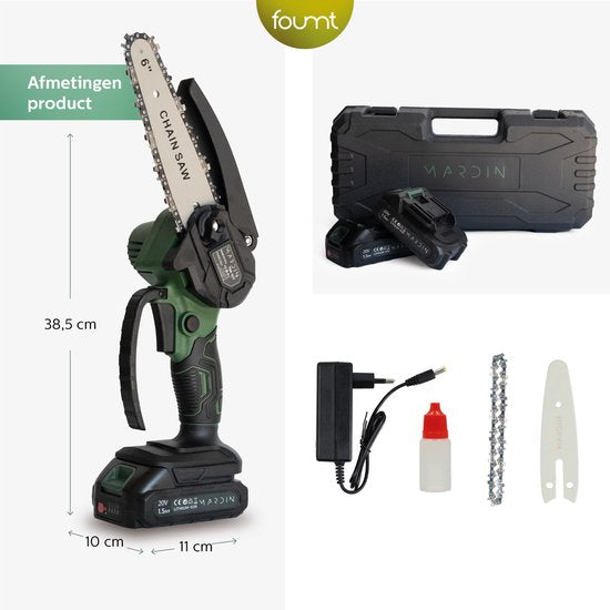 Mardin Mini Kettingzaag - Elektrische Takkenzaag - Snoeizaag - Houtzaag - Handkettingzaag - Boomzaag - Zaagmachine - Heggenschaar - 2 Accu's - Opbergkoffer - Groen