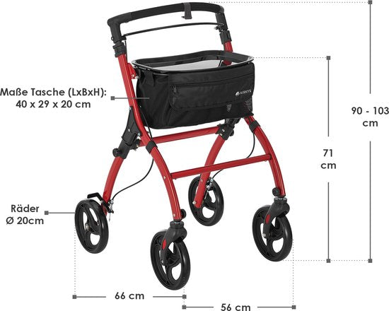 Juskys – Kamerrollator Aktiv – 56 x 66 x 90-103 cm – Voorzien Van Dienblad En Tas En In Hoogte Verstelbaar – Voor Binnenshuis – Bordeaux Rood Aluminium
