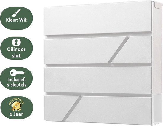 BRASQ Brievenbus Hangend Wit Deluxe - Wandbrievenbus met Slot en krantenvak - Incl. Montagemateriaal & 2 Sleutels - Postbus - brievenbus - RVS