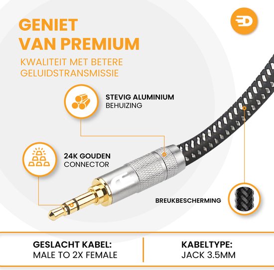 Drivv. Premium Audio Splitter - AUX - Jack Splitter - Audio Splitter 3,5 mm Jack - Male to Female - Grijs