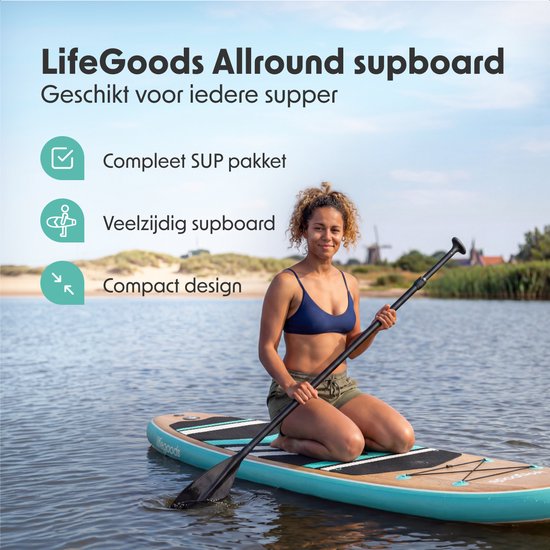 LifeGoods PaddlePro SUP Board - Opblaasbaar Paddle Board - Complete Set - Max. 150KG - 320x81cm - Hout/Mintgroen