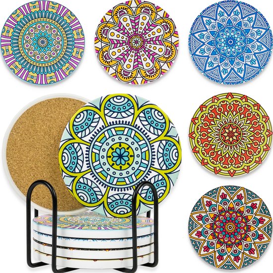 Loti Living Onderzetters met Houder – Onderzetters Design - Onderzetters Kurk – Onderzetters set - Onderzetters Voor Glazen – 6 stuks – Mandala Design
