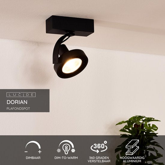Lucide DORIAN - Plafondspot (Plafondlamp) - Ø 11,7 cm - LED Dim to warm - GU10 (ES111) - 1x12W 2200K/3000K - Zwart