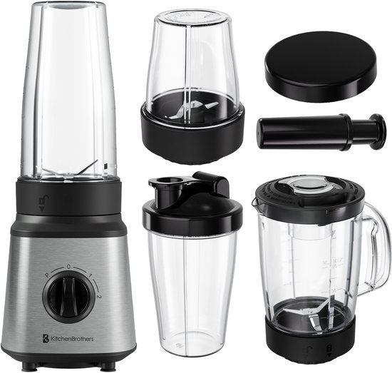 KitchenBrothers Blender - Complete Set - 2x 750ml Bowl - Grinder - Tamper - To-Go Cups - Stainless Steel
