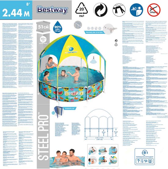Bestway Steel Pro Kinderzwembad – UV Zonnescherm & Verkoelende Watersproeier – 244x51 cm
