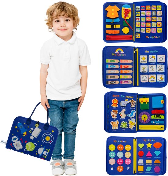MontiPlay® Montessori Speelgoed - Sensorisch Speelgoed - Activiteitenbord - Busy Board - Montessori activiteitenboek voor thuis - Educatief - Sensomotorisch Speelgoed - Blauw