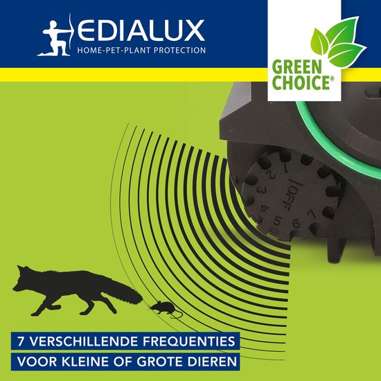 Edialux Ultrasonic Defend Vossen & Marters Flash, ultrasone vossen- en marterverjager met flits, bescherm je tuin veilig en effectief, werkt op batterijen of met adapter, max. 200 m²