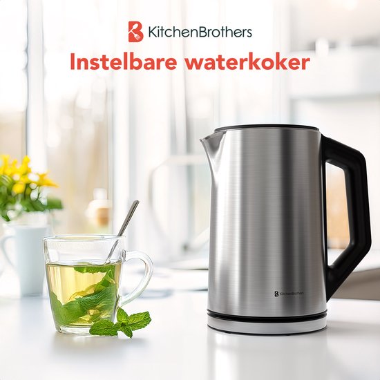 KitchenBrothers Waterkoker - Elektrisch - 1,5L - 2200W - Instelbare Temperatuurregeling - Dubbelwandig - Waterkoker RVS - Zilver