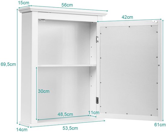 Costway - Badkamer - Spiegelkast - Hout -Wit - 56 x 15 x 69,5 cm