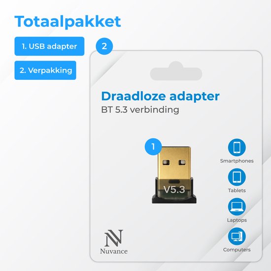 Nuvance Bluetooth-adapter - 5.3 - Bluetooth-ontvanger - USB - Bluetooth-dongle PC - Geschikt voor Windows 11/10/8/7
