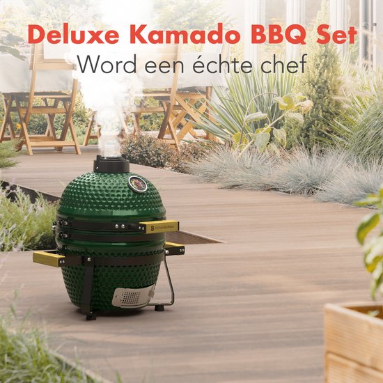 KitchenBrothers Kamado BBQ - 13 Inch Houtskool Barbecue - 27⌀ cm - PFAS-vrij - Deluxe Set - Egg BBQ met Accessoires inclusief Hoes - Groen
