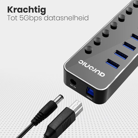 Auronic USB Hub 3.0 - USB Splitter met 7 Poorten - met Voeding - 5 GBPs - Led Indicatie - Zwart